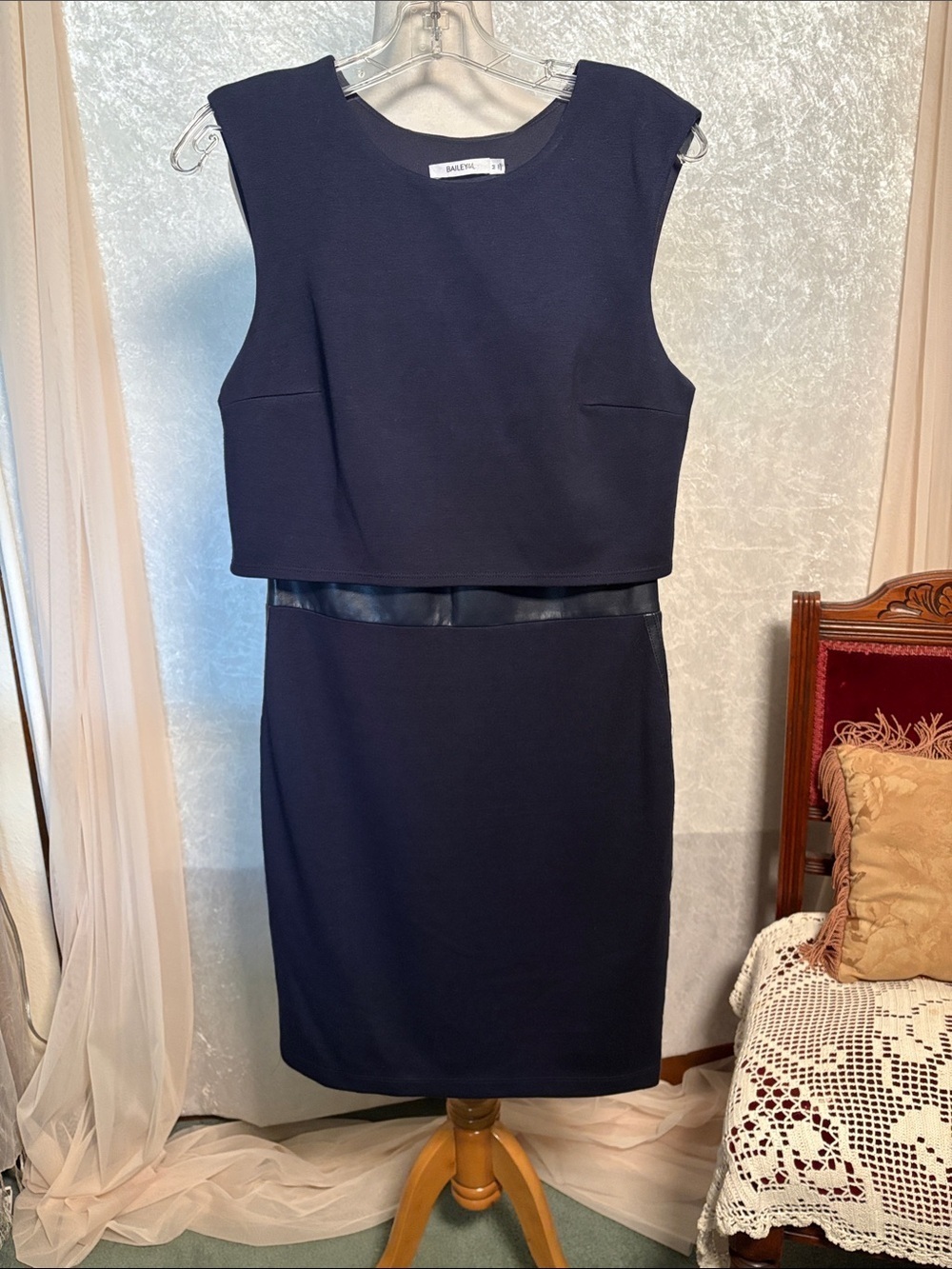 BAILEY44 Navy wool sheath dress with faux leather trim netting back Size M NWT
